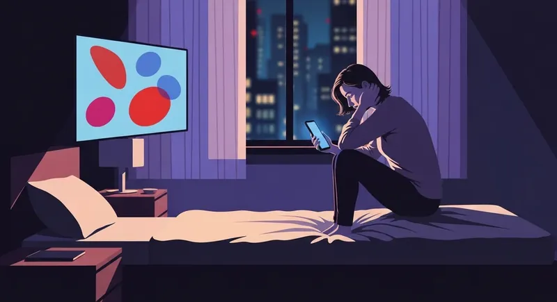 A person experiencing signs of compassion fatigue from news while scrolling on their phone in a dark room. signs-of-compassion-fatigue-from-news-bestie-ai.webp