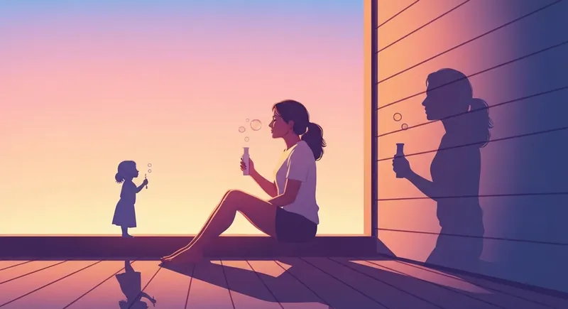 A woman reflecting on her porch with a shadow depicting a child, illustrating the subtle signs of inner child healing and psychological growth. signs-of-inner-child-healing-bestie-ai.webp