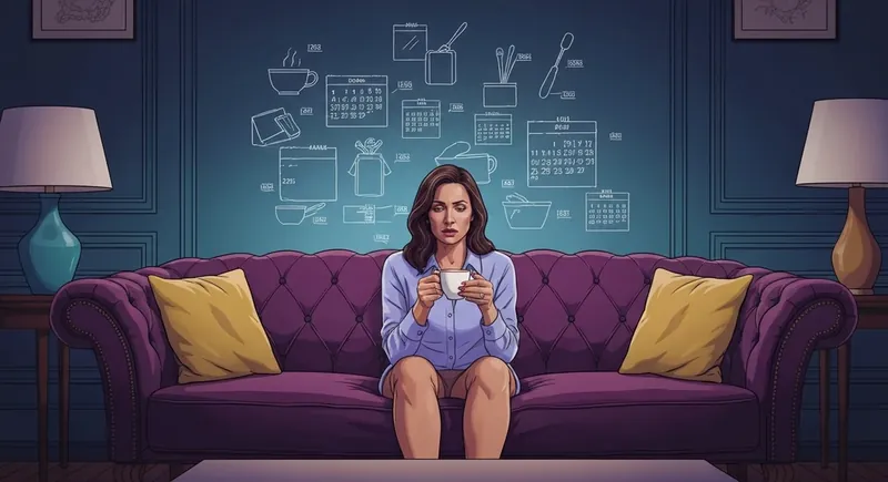 A woman burdened by invisible emotional labor in relationships sitting alone on a sofa, emotional-labor-in-relationships-bestie-ai.webp