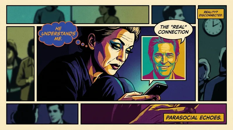 A person isolates themselves while looking at a celebrity on their phone, illustrating the potential loneliness behind the signs of unhealthy celebrity obsession. filename: signs-of-unhealthy-celebrity-obsession-bestie-ai.webp