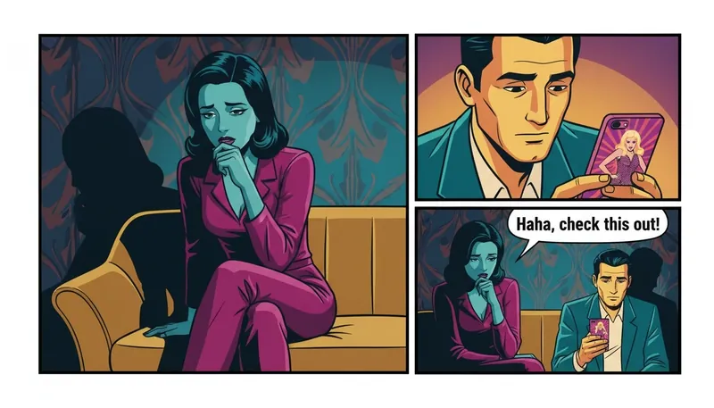 A woman feeling insecure due to her partner's behavior, illustrating the emotional impact of the signs of an unhealthy obsession in a partner. Filename: signs-of-unhealthy-obsession-in-a-partner-bestie-ai.webp