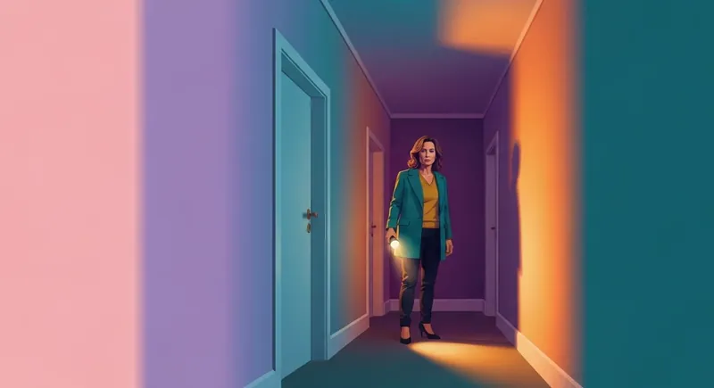 signs-relationship-anxiety-is-justified-bestie-ai.webp. A woman using a flashlight to see through psychological distortions, illustrating how signs relationship anxiety is justified in manipulative environments.