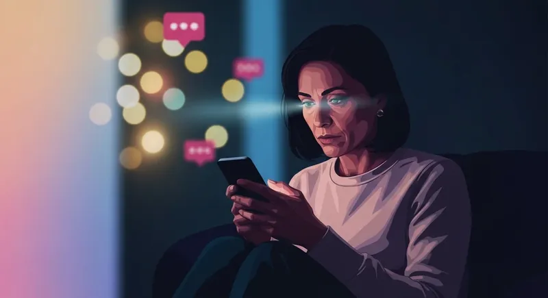 A person looking at a smartphone screen that illuminates their face in a dark room, representing the struggle with social media validation addiction. social-media-validation-addiction-bestie-ai.webp