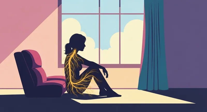 A woman healing the somatic symptoms of cptsd in women visualized as glowing golden roots-bestie-ai.webp