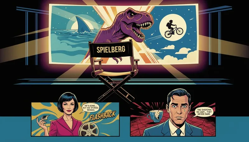 An empty director's chair faces a giant screen showing iconic film scenes, symbolizing Steven Spielberg's impact on cinema and his monumental legacy in Hollywood. filename='steven-spielbergs-impact-on-cinema-bestie-ai.webp'