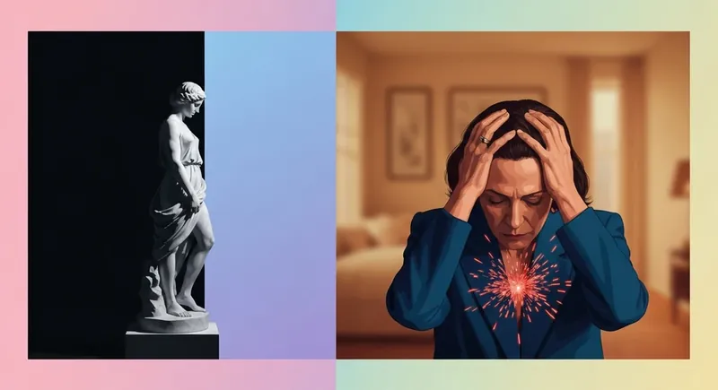 A conceptual visual contrast between stonewalling vs emotional flooding showing a cold marble barrier versus a person experiencing an internal neurological shutdown.