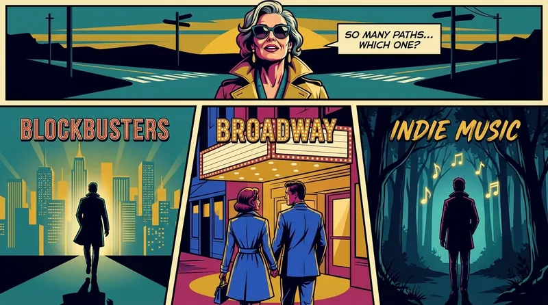 An illustration showing the diverse stranger things cast career paths as roads diverging from a single point into a forest, representing different definitions of success. Filename: stranger-things-cast-career-paths-bestie-ai.webp