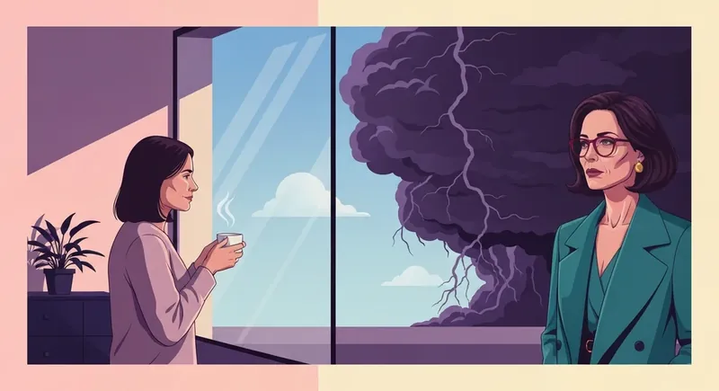 A person safely observing a storm from indoors, symbolizing the management of suicidal thoughts before period and PMDD-bestie-ai.webp