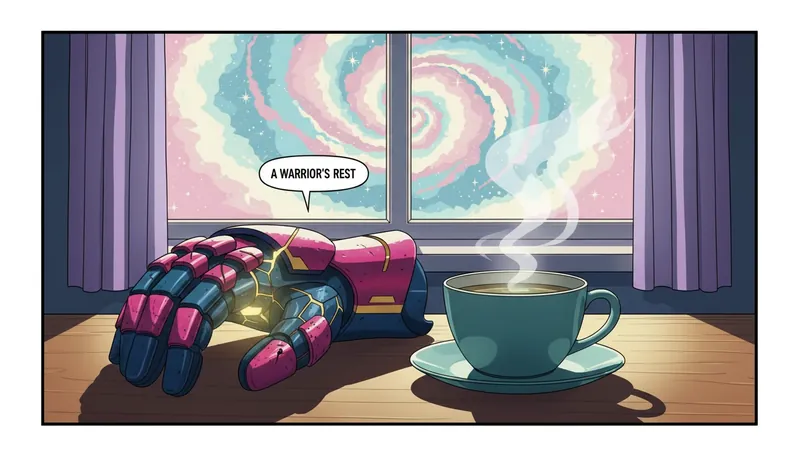 symptoms-of-avoidant-attachment-style-bestie-ai.webp - A cracked piece of space-faring armor next to a warm tea, symbolizing the journey of recognizing symptoms of avoidant attachment style and choosing vulnerability.