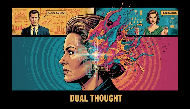 A symbolic image for an article where system 1 and system 2 thinking explained, showing a head split between chaotic art and orderly blueprints to illustrate the difference between intuitive and analytical thought. Filename: system-1-and-system-2-thinking-explained-bestie-ai.webp