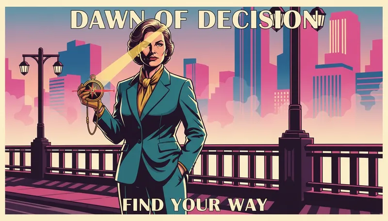 taking-calculated-risks-in-life-bestie-ai.webp - A determined woman using a compass to navigate a bridge at dawn, symbolizing the process of taking calculated risks in life.