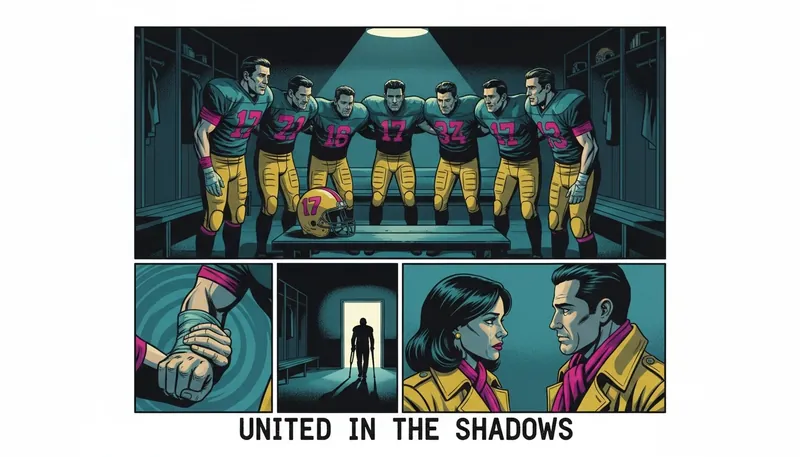 A football team huddles in a locker room, demonstrating the complex team psychology after a player injury by showing unity and support. filename: team-psychology-after-player-injury-bestie-ai.webp