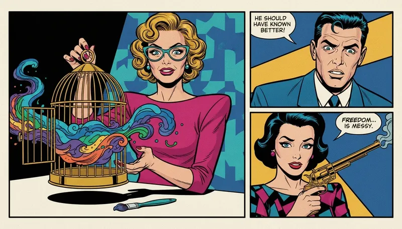 A visual metaphor for the link between creativity and depression, showing a paintbrush outside an open cage containing swirling colors, symbolizing art freed from suffering. Filename: the-link-between-creativity-and-depression-bestie-ai.webp