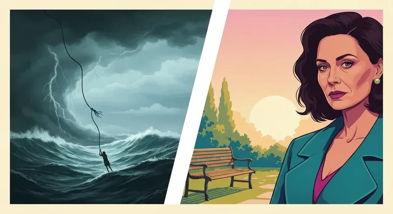 A visual comparison between a trauma bond vs love depicting a stormy sea and a peaceful garden to illustrate emotional stability. trauma-bond-vs-love-bestie-ai.webp