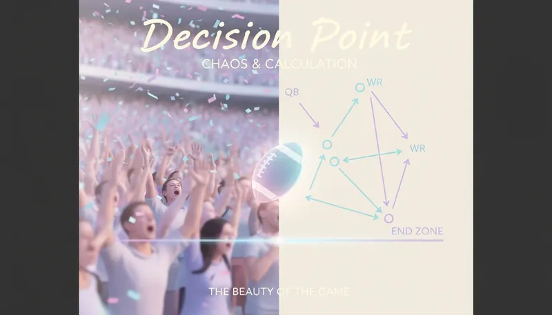 An image symbolizing the split-second decision-making of Troy Aikman on controversial calls, showing a football at the goal line between fan chaos and calm analysis. Filename: troy-aikman-controversial-calls-analysis-bestie-ai.webp