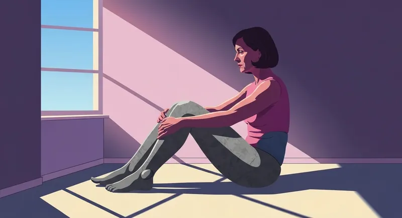 An artistic representation of freeze response physical symptoms showing a person feeling heavy and immobile like stone in a dimly lit room. freeze-reponse-physical-symptoms-bestie-ai.webp