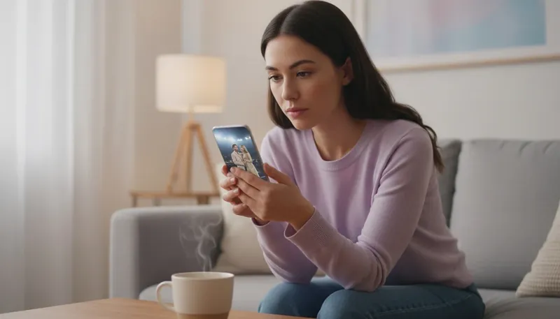 A woman reflects on the unrealistic relationship expectations set by celebrity couples on her phone, with a cup of tea symbolizing the comfort of real life. Filename: unrealistic-relationship-expectations-bestie-ai.webp