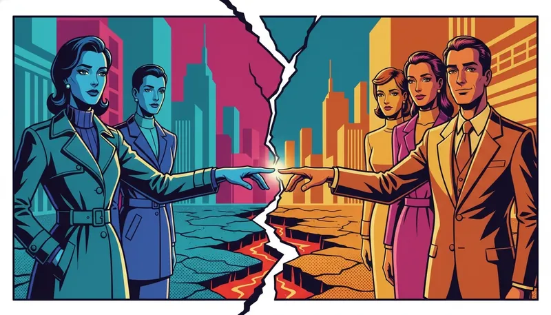 A symbolic image representing the us vs them mentality psychology, showing two divided groups in blue and orange with hands reaching across a crack to connect. Filename: us-vs-them-mentality-psychology-bestie-ai.webp