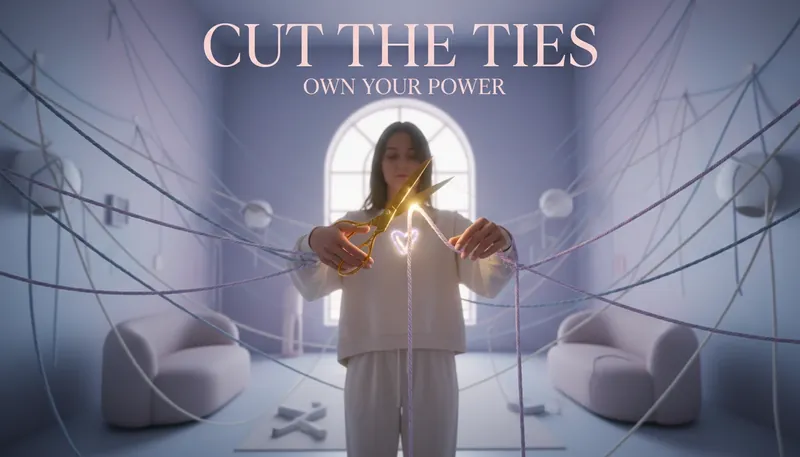 An illustration representing the Vince Vaughn victim mentality philosophy, showing a person with golden scissors about to cut the strings of blame and circumstance to reclaim personal power. Filename: vince-vaughn-victim-mentality-philosophy-bestie-ai.webp