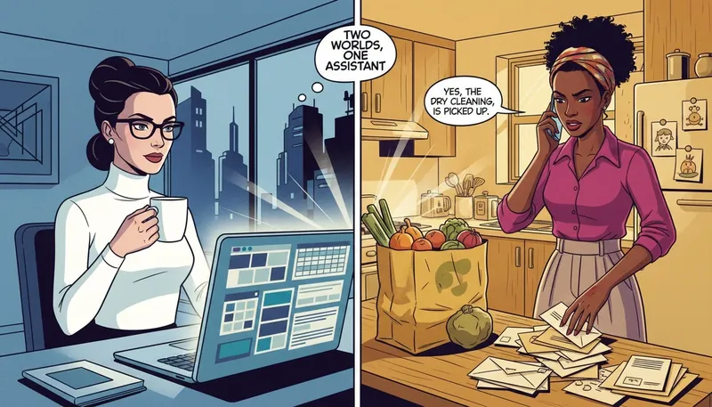 A visual comparison in the virtual assistant vs personal assistant debate, showing a clean digital workspace on one side and a busy physical home environment on the other, representing different support needs. Filename: virtual-assistant-vs-personal-assistant-bestie-ai.webp
