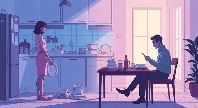 An illustration of weaponized incompetence in relationships showing a woman overwhelmed by domestic labor while her partner remains idle.