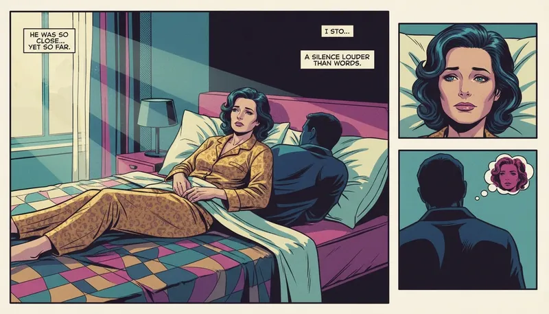 A thoughtful woman in bed ponders the emotional distance from her partner, whose back is turned, illustrating what it means when he avoids pillow talk and the lack of intimacy it creates. filename: what-does-it-mean-when-he-avoids-pillow-talk-bestie-ai.webp