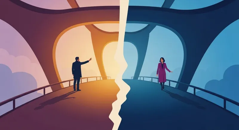 what-is-a-push-pull-relationship-bestie-ai.webp: A conceptual visual representation of what is a push pull relationship showing the emotional distance between two people on a fracturing bridge.