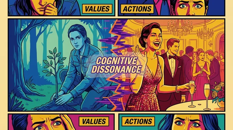 An artistic representation of what is cognitive dissonance, showing a person's conflicting values and actions overlapping to illustrate mental discomfort. Filename: what-is-cognitive-dissonance-bestie-ai.webp