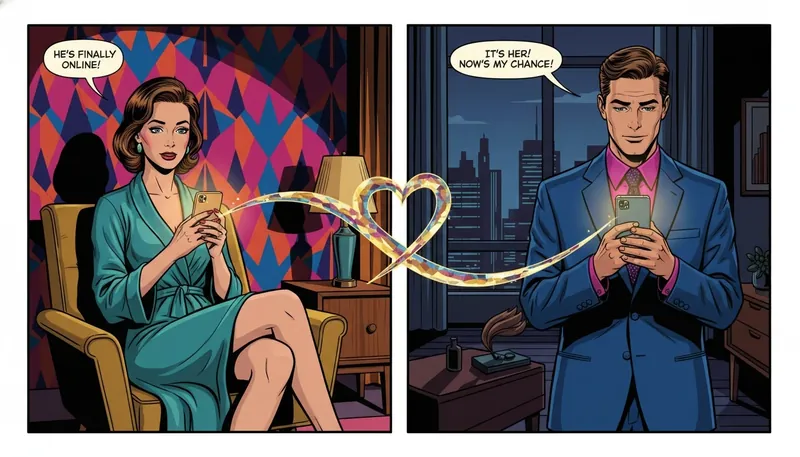 A symbolic representation of long distance boyfriend day ideas, showing a couple connected by a glowing light between their phones across a great distance. Filename: long-distance-boyfriend-day-ideas-bestie-ai.webp