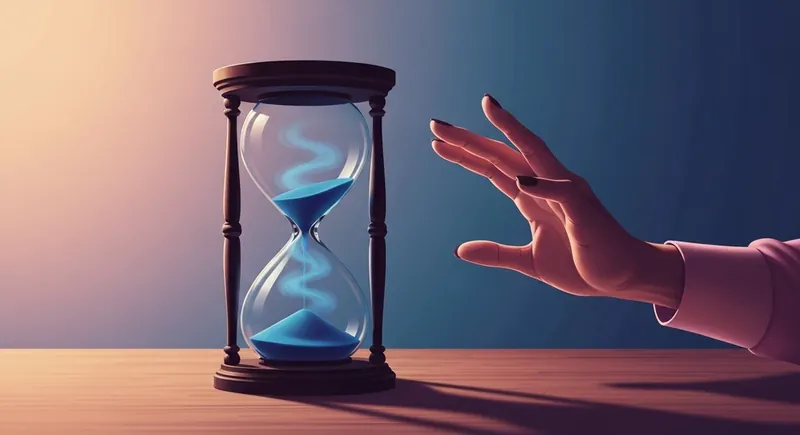 why-do-i-go-nonverbal-when-stressed-bestie-ai.webp. A symbolic image representing why do i go nonverbal when stressed, featuring an hourglass filled with blue mist and a hesitant hand in a moody setting.