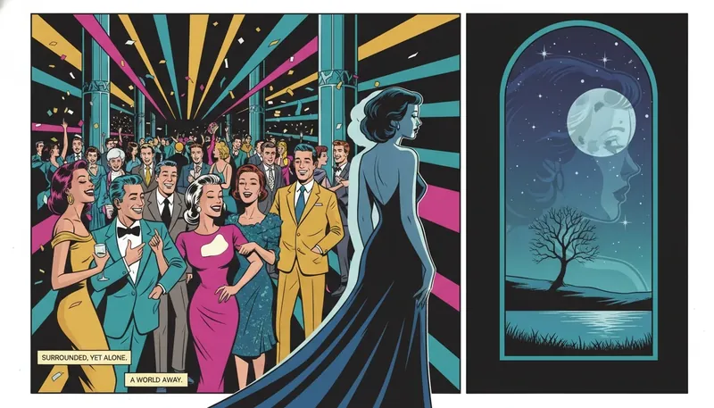 A symbolic image representing the answer to 'why do I lose interest in relationships easily,' showing a fading figure at a party, gazing out at a solitary landscape, illustrating emotional withdrawal and fear of intimacy. Filename: why-do-i-lose-interest-in-relationships-easily-bestie-ai.webp