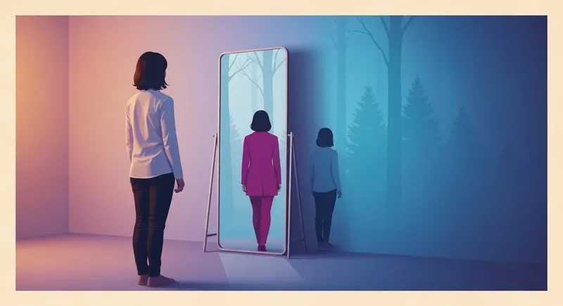 A person facing a mirror reflecting a misty forest, exploring why do people lack self awareness and the psychology of self-escape-bestie-ai.webp