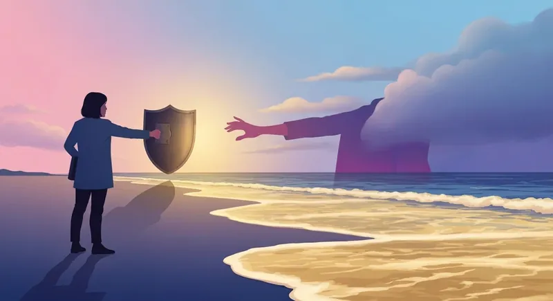 A surrealist painting illustrating disorganized attachment style symptoms through a person shielding themselves from a golden ocean of intimacy-bestie-ai.webp