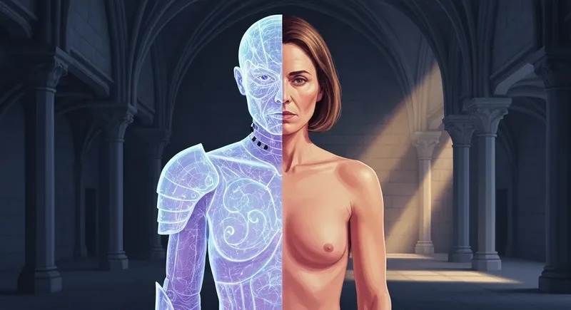 A person balancing armor and exposure, illustrating why vulnerability feels like a threat in a symbolic stone hallway-bestie-ai.webp