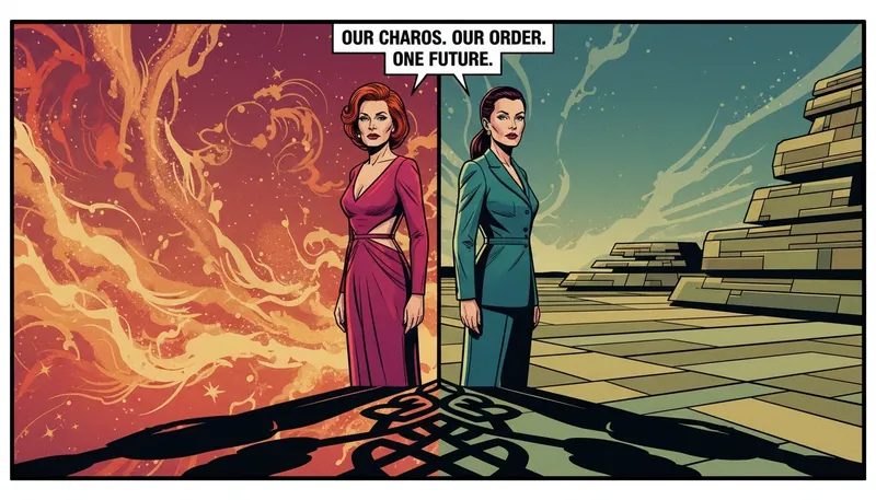 An artistic representation of the worst mbti compatibility pairs, showing two figures with opposite worlds merging their shadows to symbolize growth through conflict. Filename: worst-mbti-compatibility-pairs-bestie-ai.webp